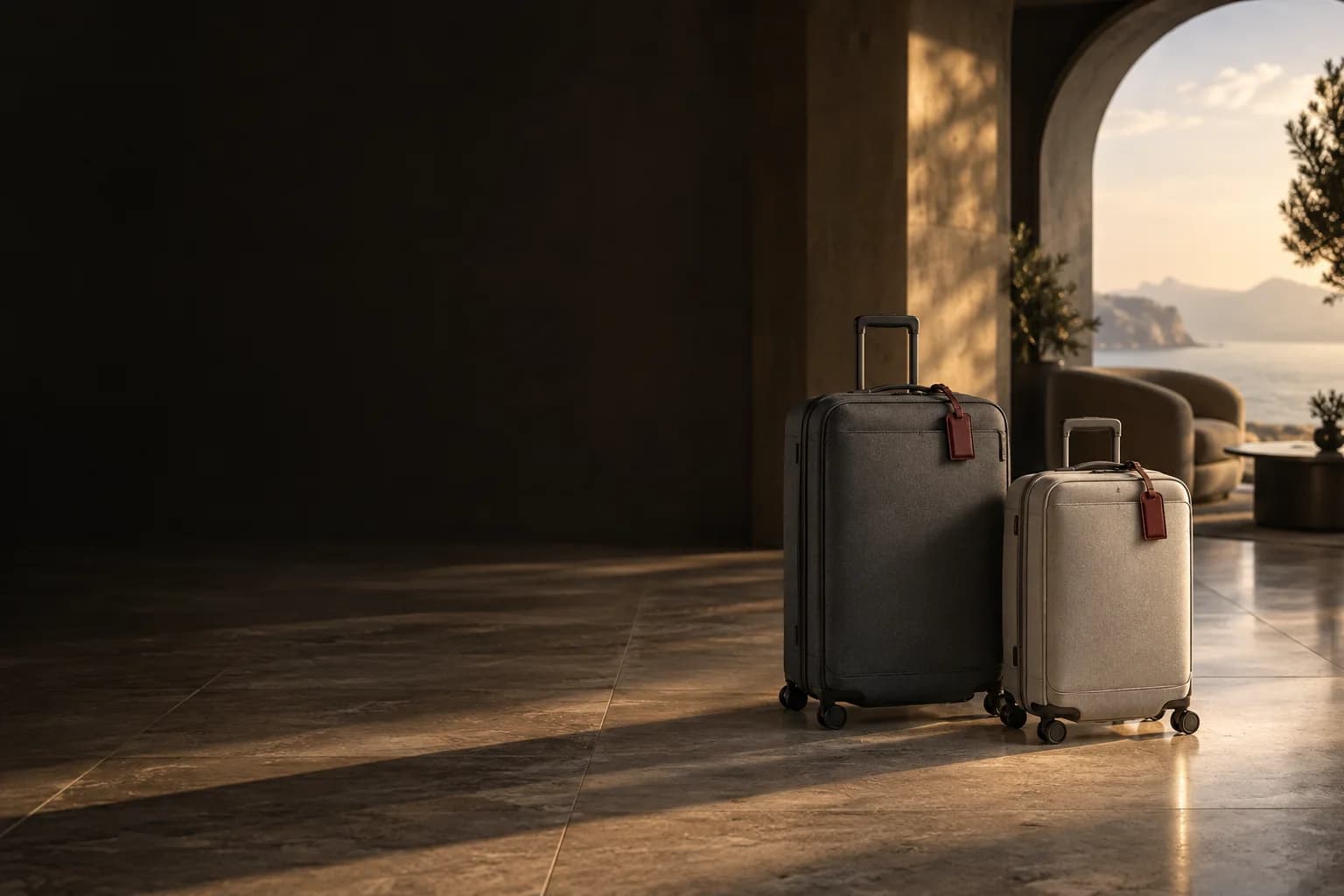 Illustrative editorial scene of charcoal and stone suitcases in a softly lit lounge