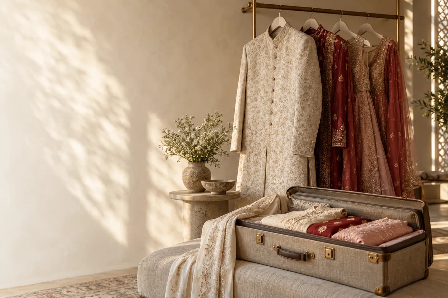 Illustrative Indian wedding wardrobe with carefully arranged occasionwear and luggage